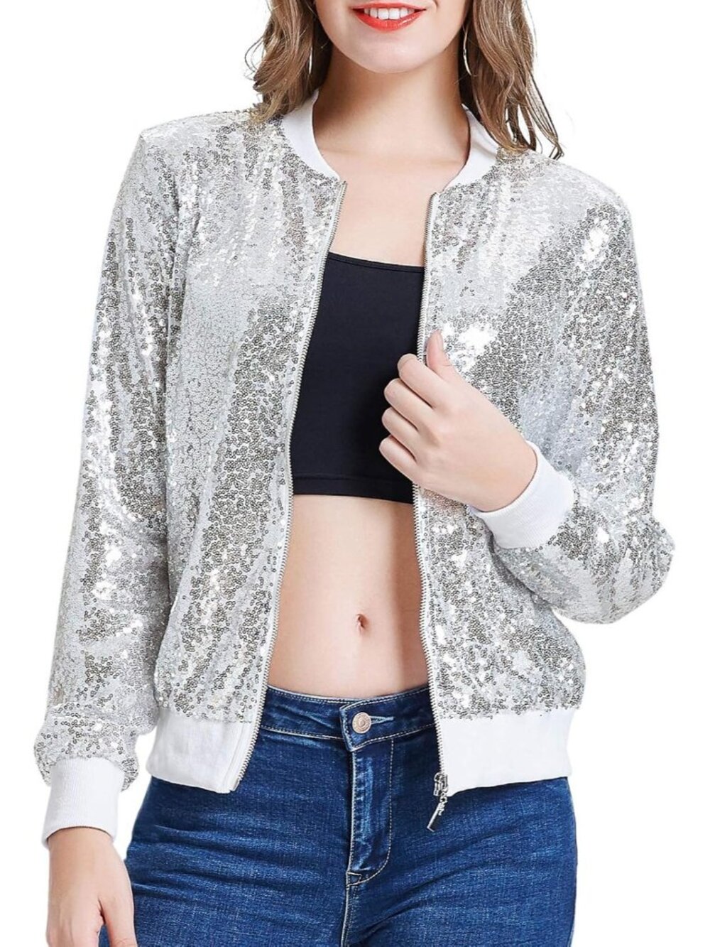 〽️Silver Sparkly Sequin Jacket Womens Zip Front Party Bomber Long Sleeve Pockets